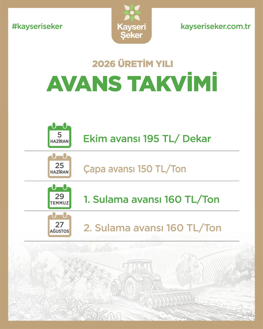 Kayseri Şeker 2026 Üretim Yılı Avans Takvimini Açıkladı