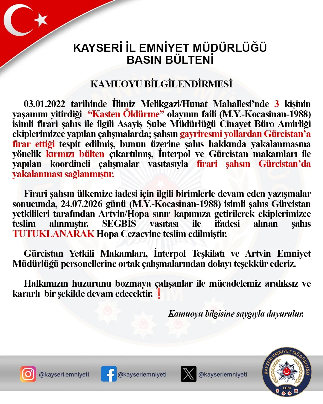 Kayseri'deki 3 cinayetin firari şüphelisi Gürcistan'da yakalandı, tutuklandı